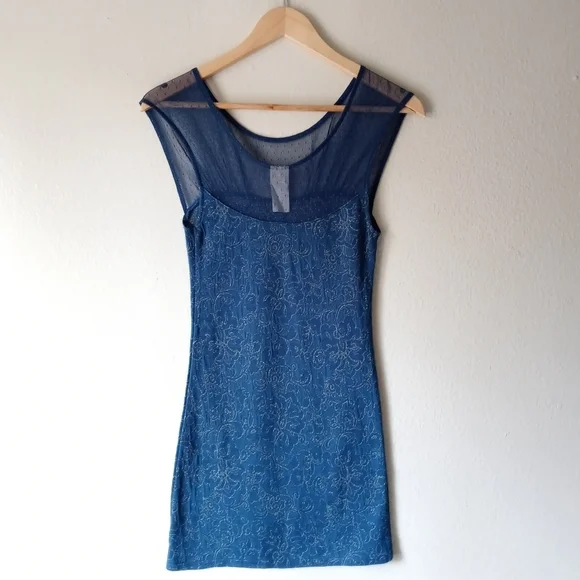 Free People Starlight Bodycon Mesh Mini Teal Gold Dress Size XS - Picture 5 of 10
